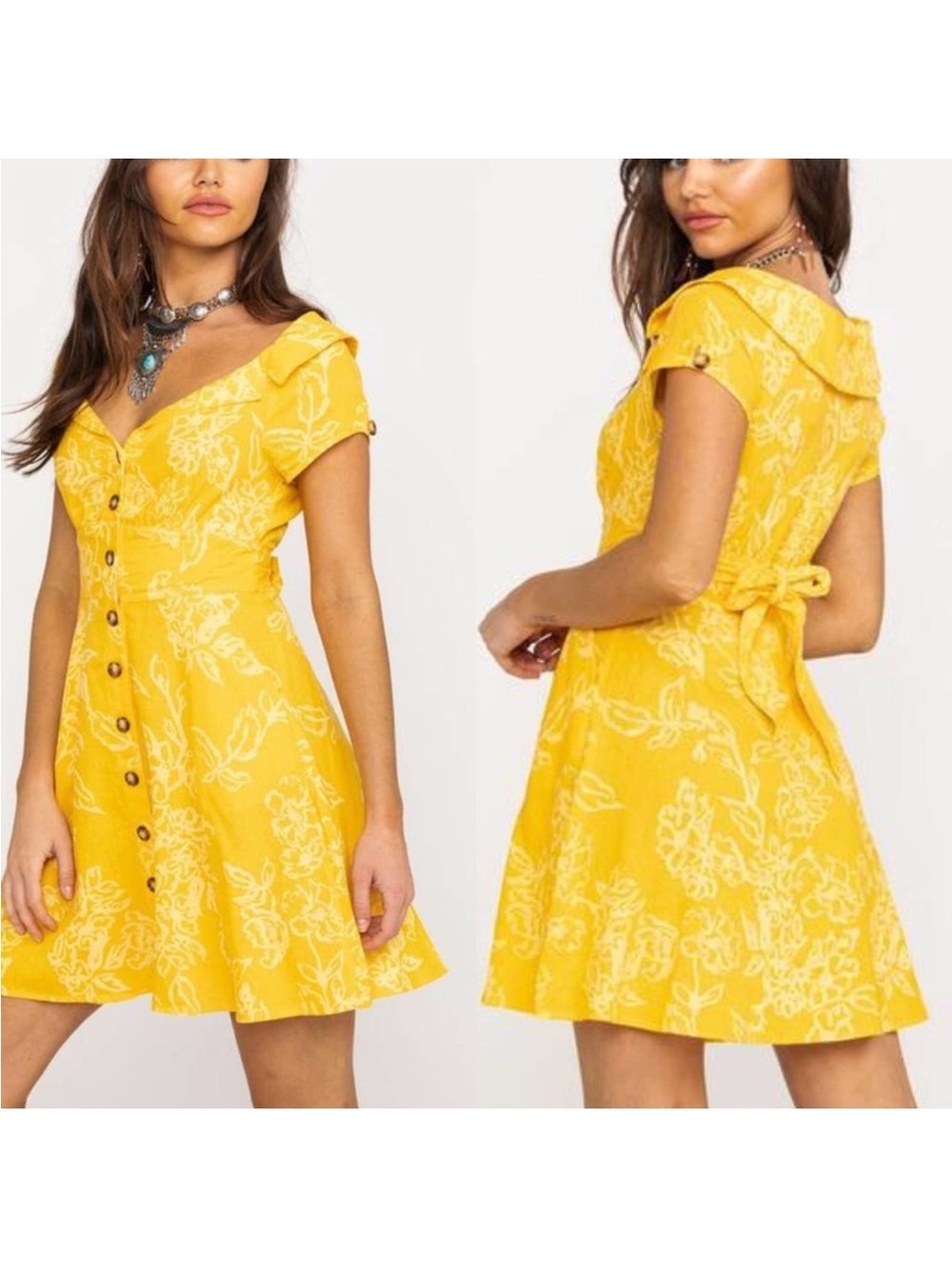 Free People Yellow Floral Button-Front Mini Dress